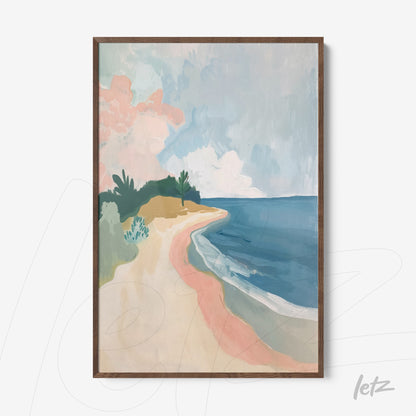 framed wall art featuring an abstract painting of a beach with blue ocean and cloudy sky in shades of pink and green