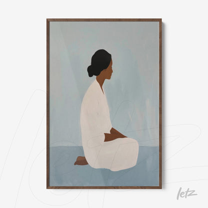 framed artwork featuring a minimalist illustration of a seated woman in meditation pose with a light blue background and dark wooden frame