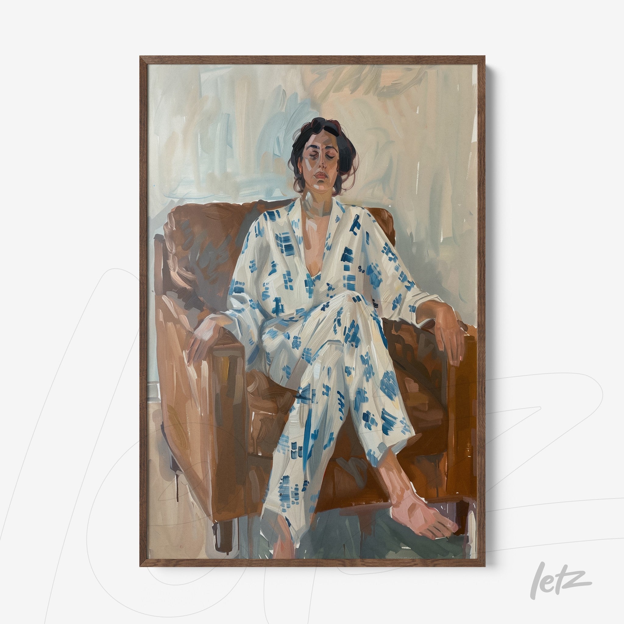 painting depicting a woman in a blue and white kimono seated on a brown sofa, with a contemplative expression and soft light in the background