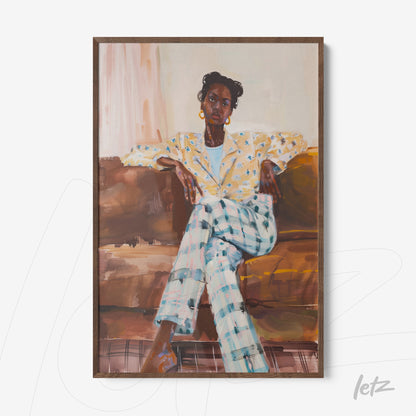framed artwork depicting a seated woman in a patterned blazer and plaid pants