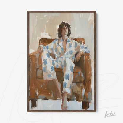 framed artwork of a man lounging on a sofa dressed in light blue pajama set with stains