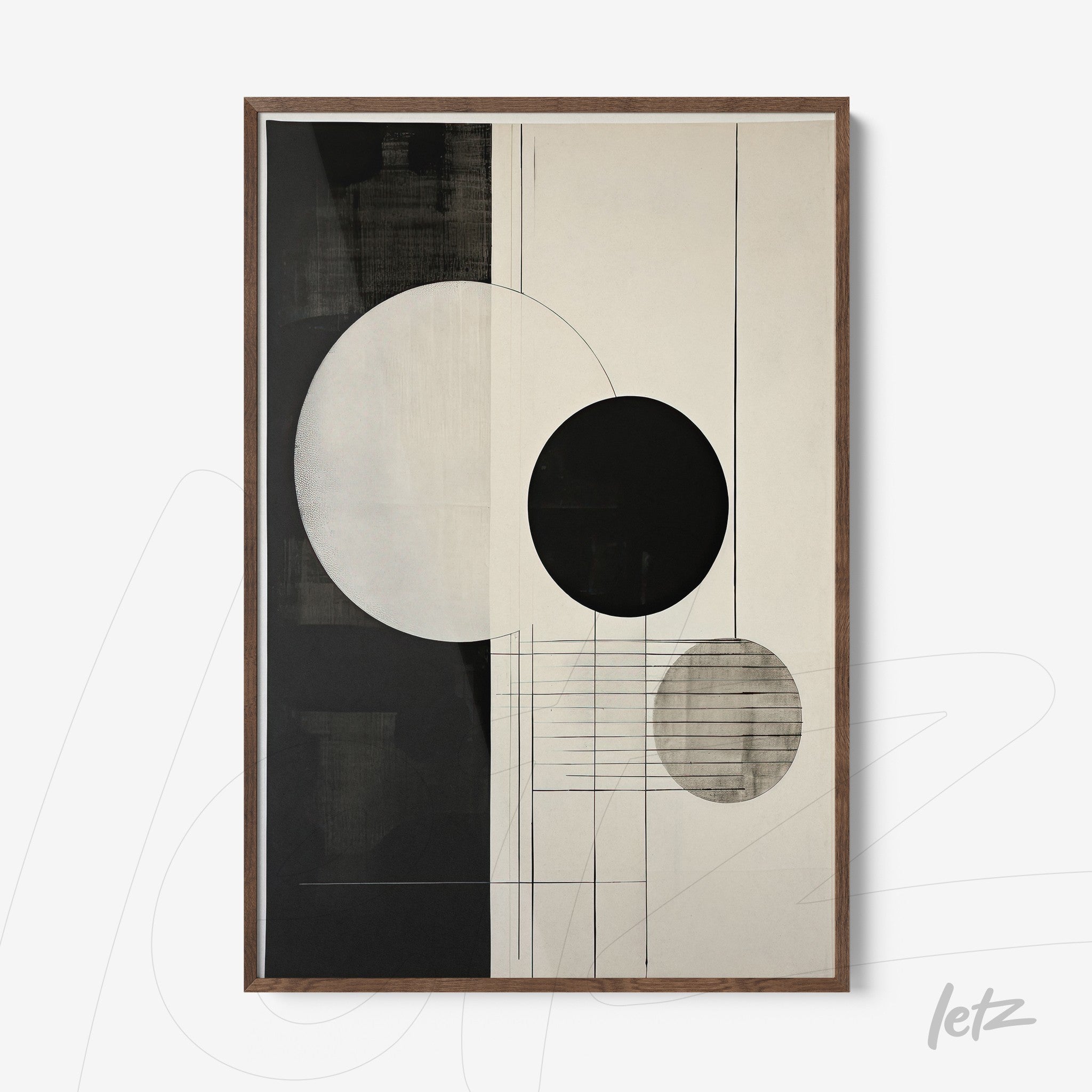 abstract wall art in black and white featuring circles and lines on a light background with a wooden frame