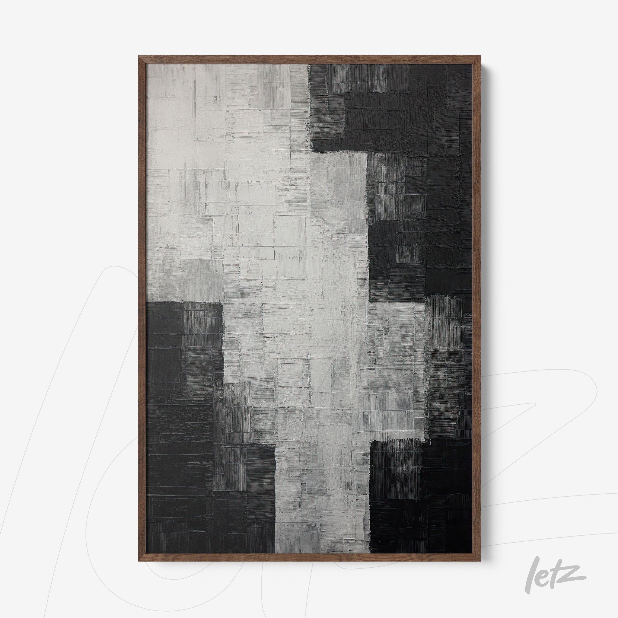 abstract wall art in black and white featuring rich texture, set in a dark wood frame