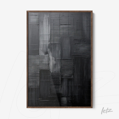 abstract wall art featuring black and gray tones with raised texture and dark wood frame