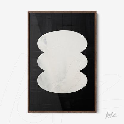 framed abstract artwork in black and white featuring organic shapes on dark background