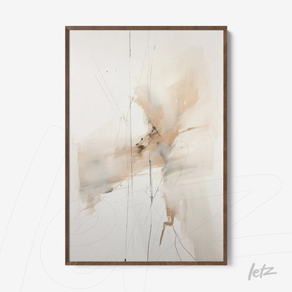 abstract wall art in neutral tones featuring fluid brush strokes and light wood frame