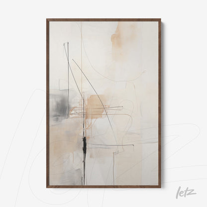 abstract wall art in neutral tones with black and orange lines in a dark wood frame