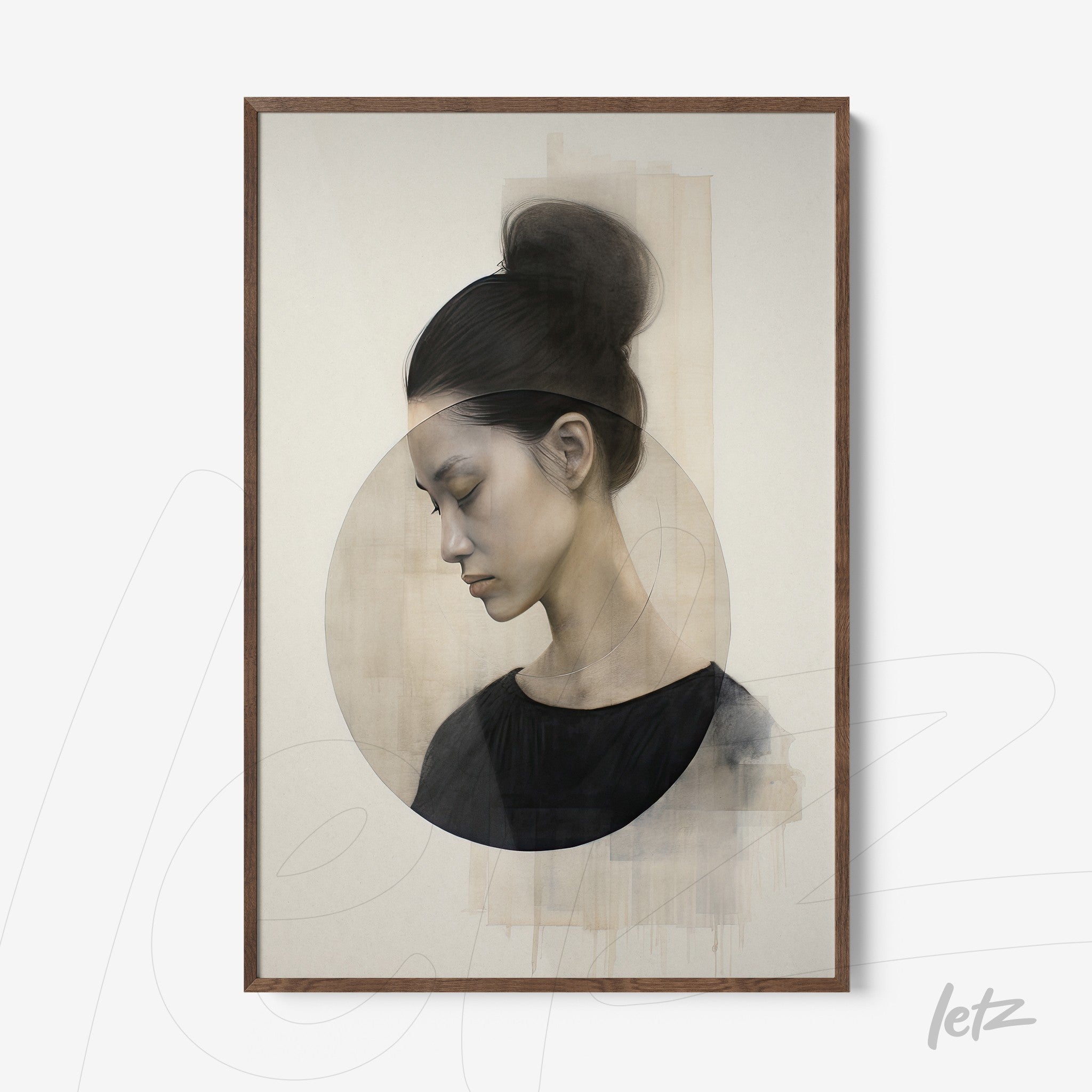 abstract art print depicting a profile of a woman in soft tones with overlapping circles and dark wood frame