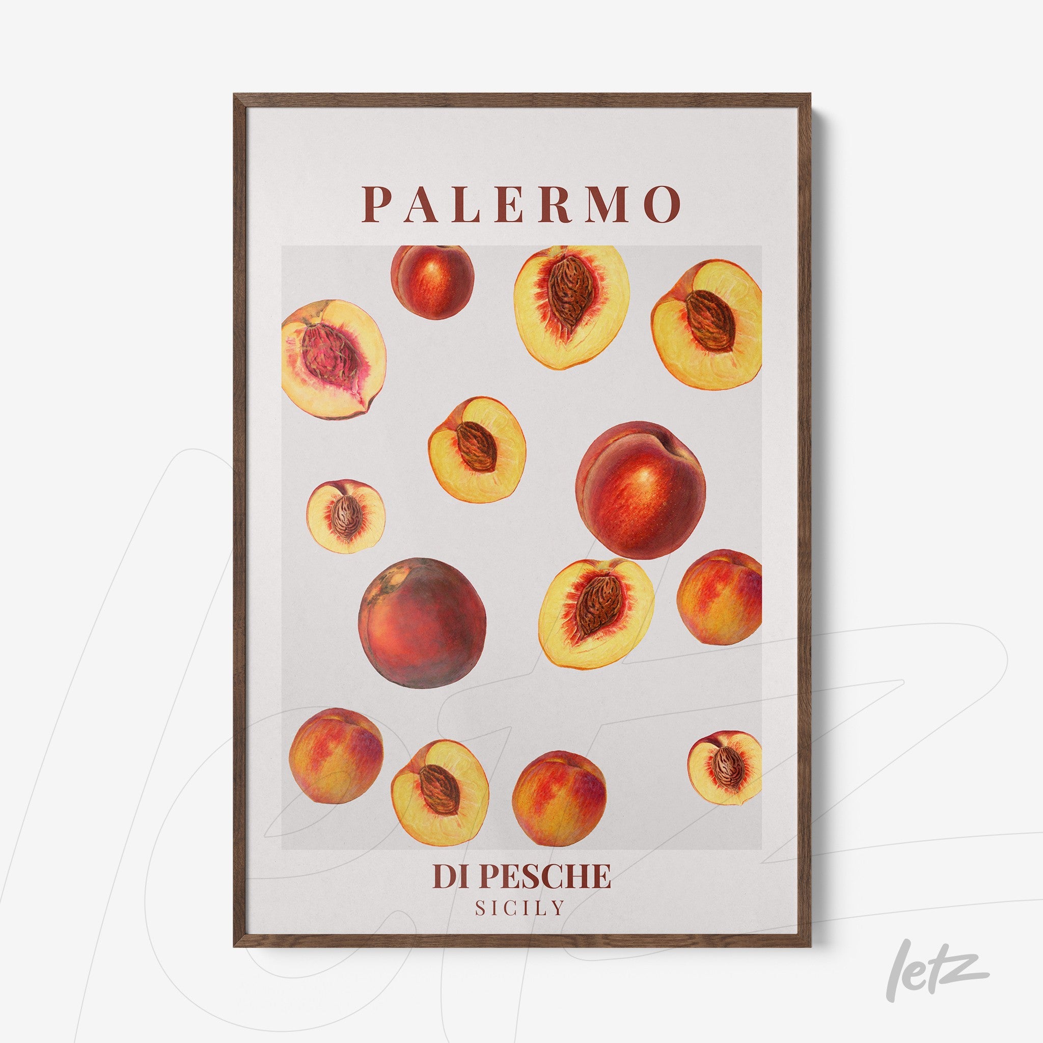 framed art depicting peaches in various sizes and angles with a brown frame