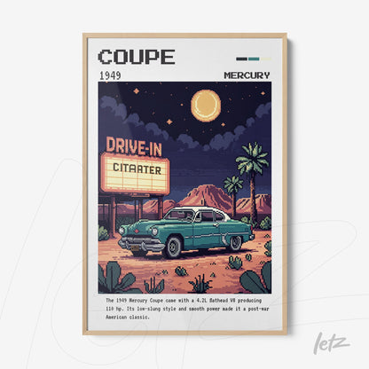 framed vintage style art of a 1949 mercury coupe in front of a drive-in theater with a clear frame