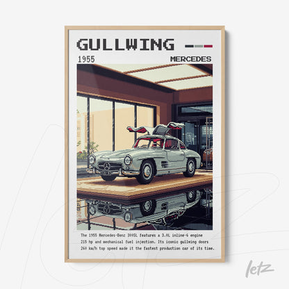 retro style framed art of a 1955 Mercedes-Benz 300SL Gullwing with light wooden frame