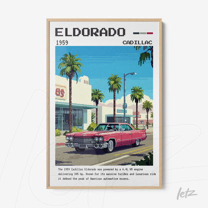 framed pixel art of a 1959 Cadillac Eldorado displayed with a backdrop of store and palm trees