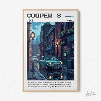 framed pixel art featuring a 1968 Mini Cooper S on a cobblestone street illuminated by street lamps