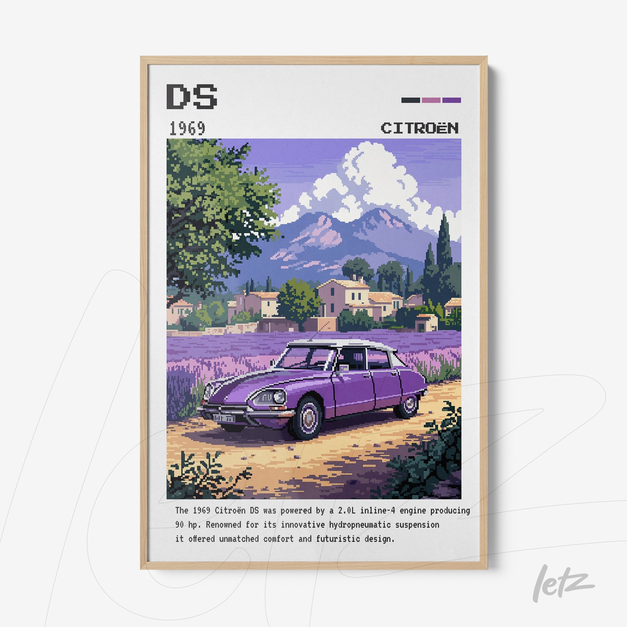 framed digital art of a purple Citroën DS car in a rural landscape with light wood frame