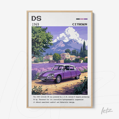 framed digital art of a purple Citroën DS car in a rural landscape with light wood frame