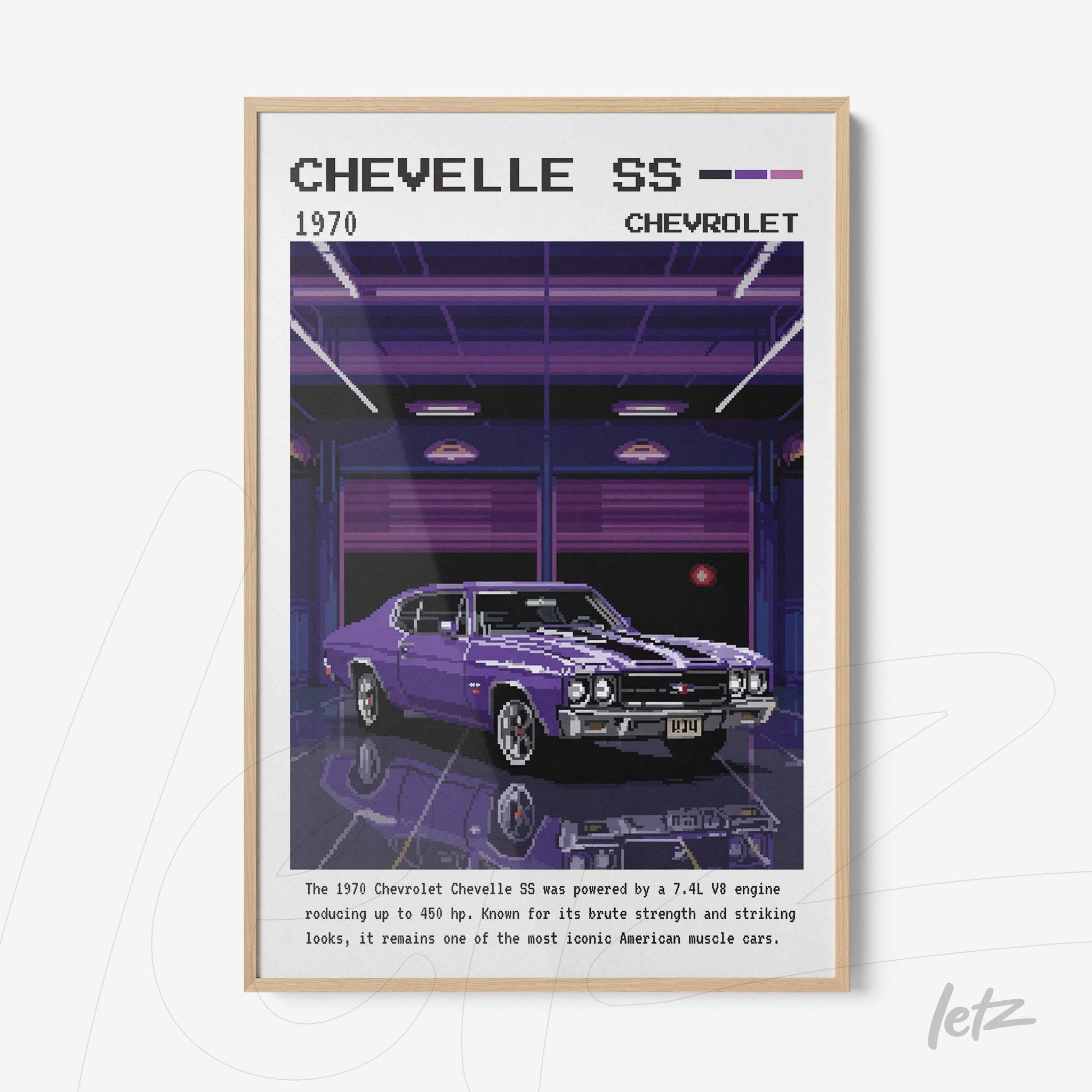 framed retro illustration of a 1970 Chevrolet Chevelle SS in a light frame against a dark background