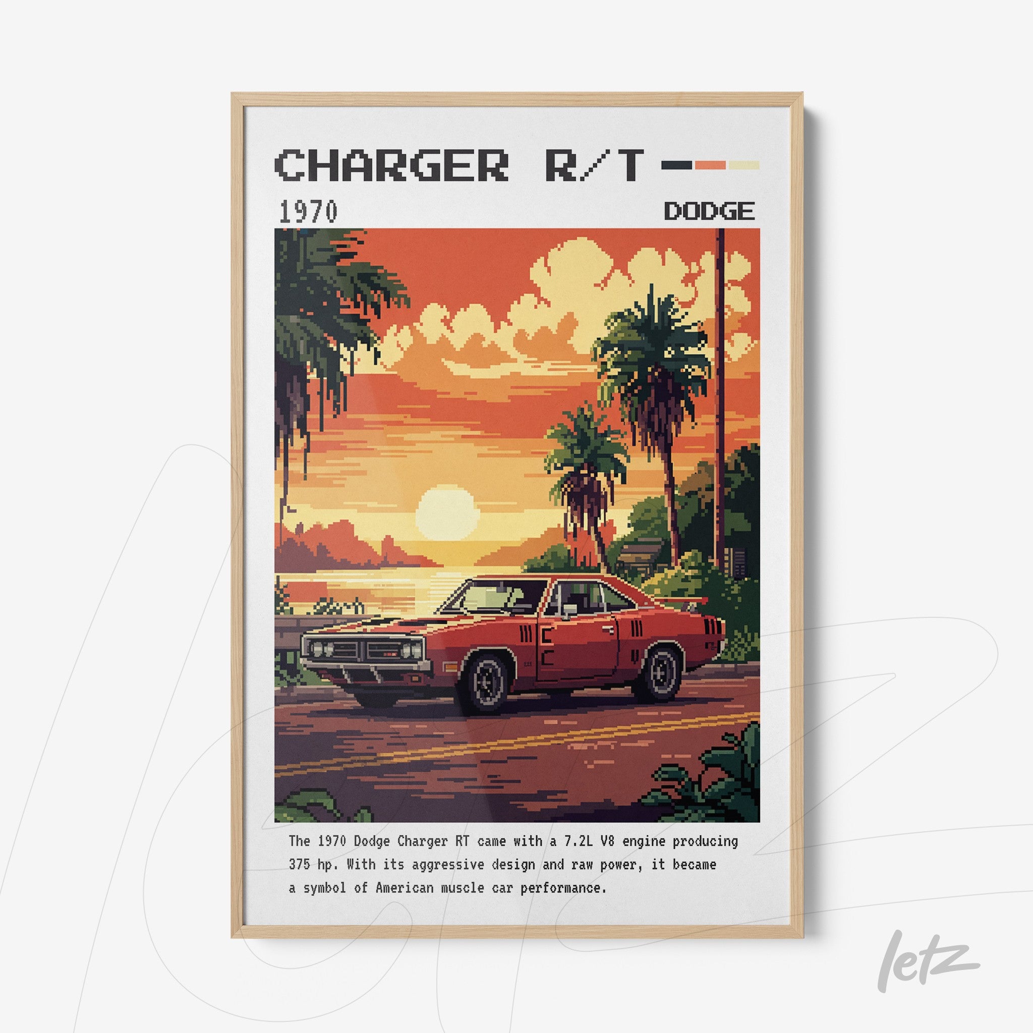 framed wall art featuring a 1970 Charger R/T car in a vibrant sunset landscape with palm trees