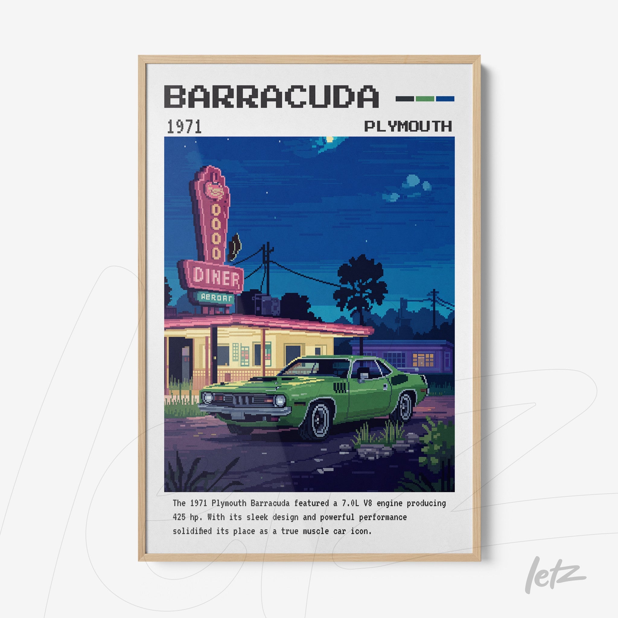 retro artwork of a Plymouth Barracuda in front of a diner, featuring a light frame