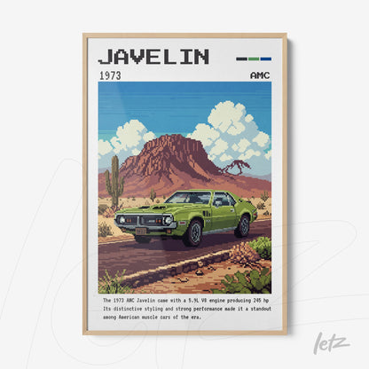 pixel art of a green javelin car in a desert setting with a light wood frame