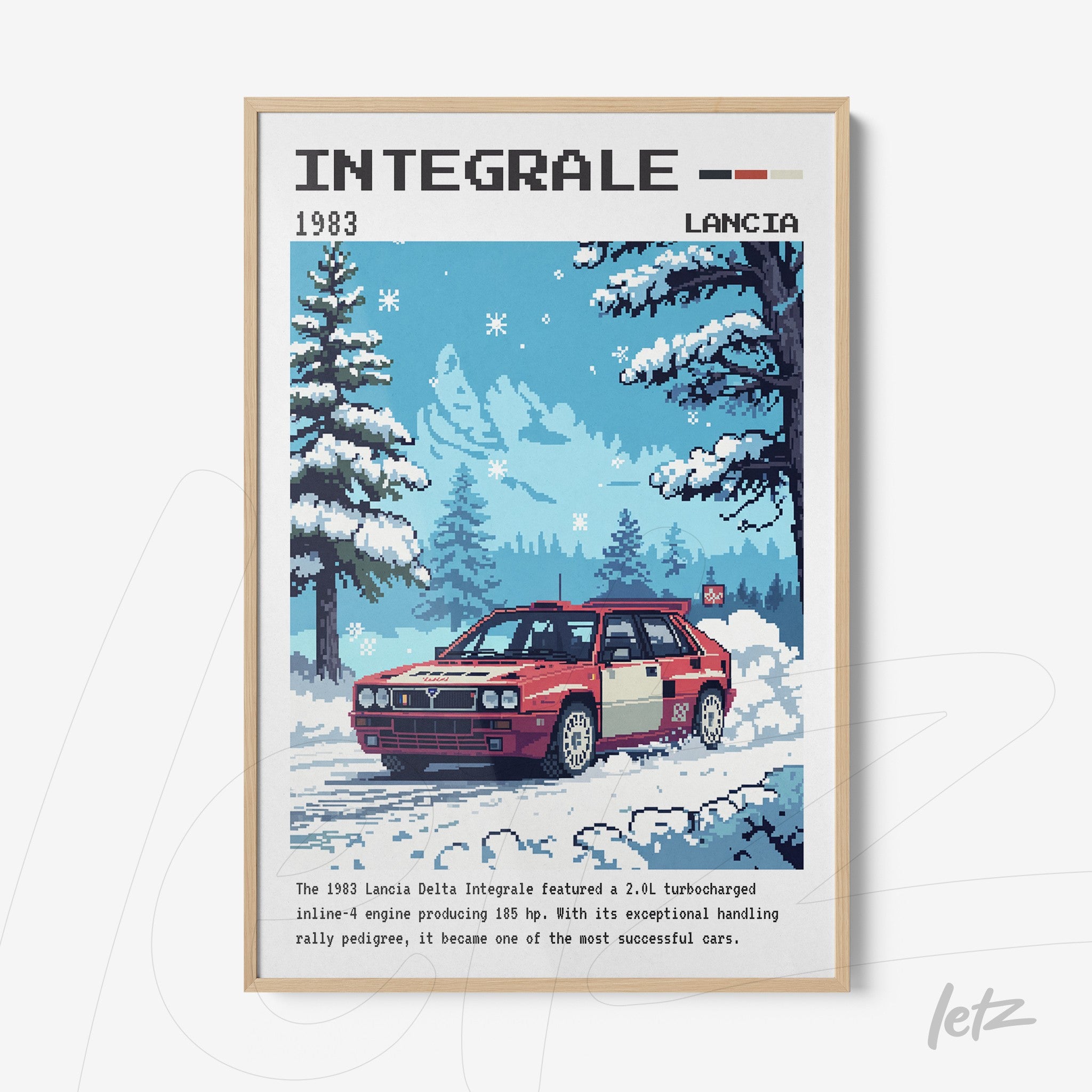 pixel art print of a Lancia Delta Integrale car in a winter landscape with a light frame