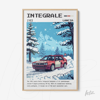 pixel art print of a Lancia Delta Integrale car in a winter landscape with a light frame