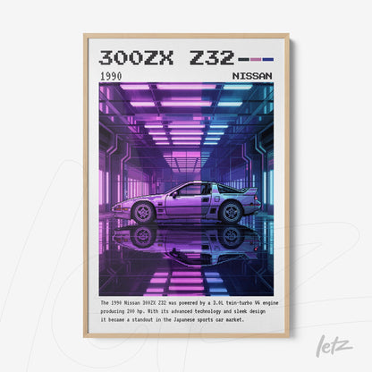 retro digital wall art of Nissan 300ZX Z32 in light frame with colorful gradient background and neon lighting