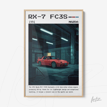 framed artwork featuring a red Mazda RX-7 FC3S in a retro workshop setting with light-colored frame