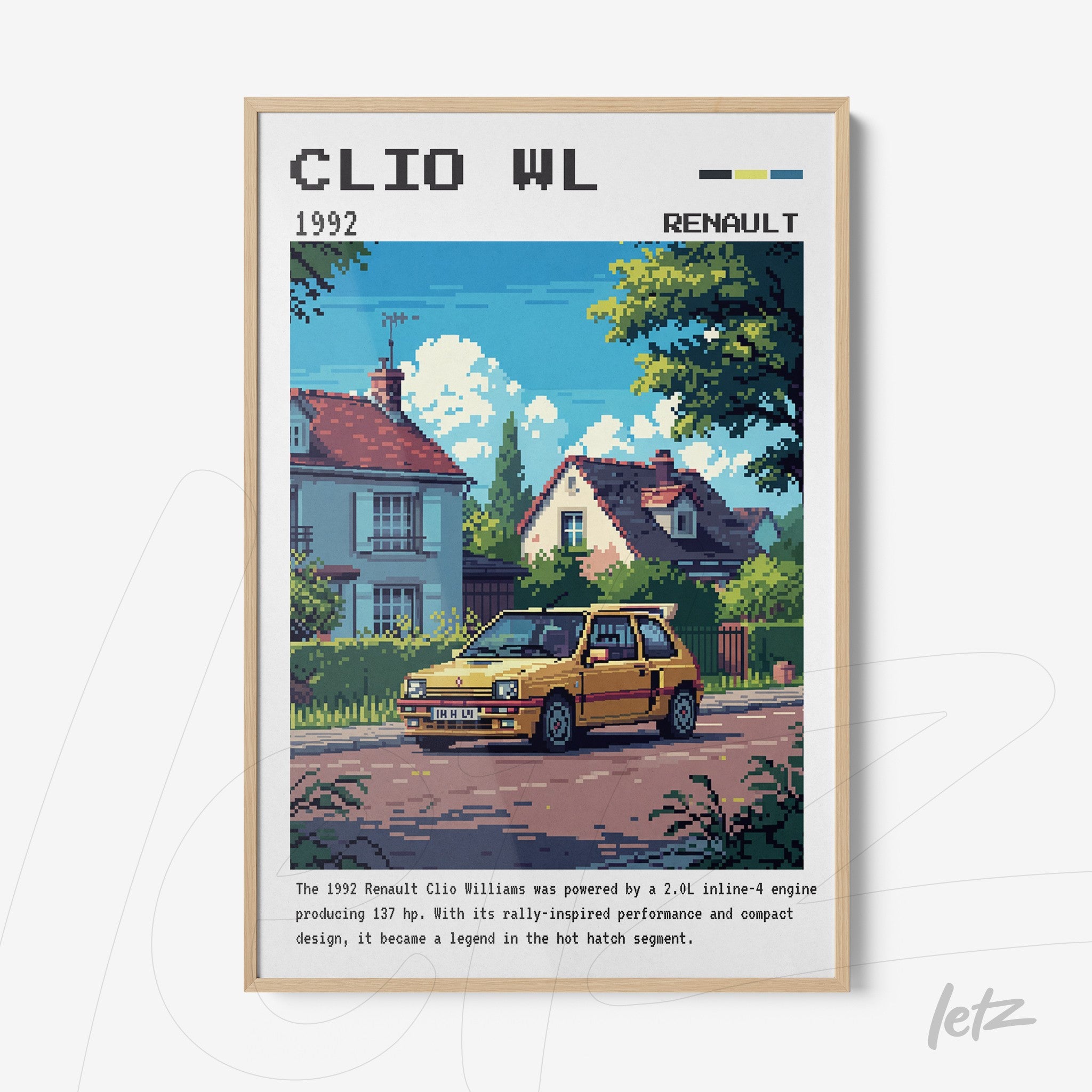 framed pixel art of a yellow Renault Clio Williams parked on a street with houses and trees in the background, light wood frame