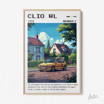 framed pixel art of a yellow Renault Clio Williams parked on a street with houses and trees in the background, light wood frame