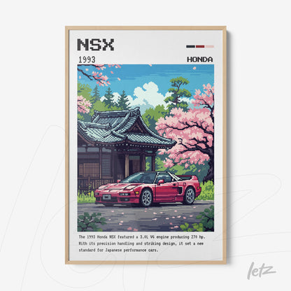 pixel art print of a 1993 Honda NSX in front of a traditional Japanese temple surrounded by cherry blossom trees