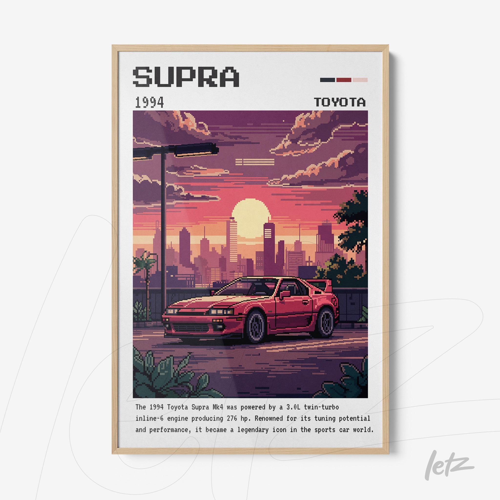 pixel art framed print of a 1994 Toyota Supra sports car with urban sunset background