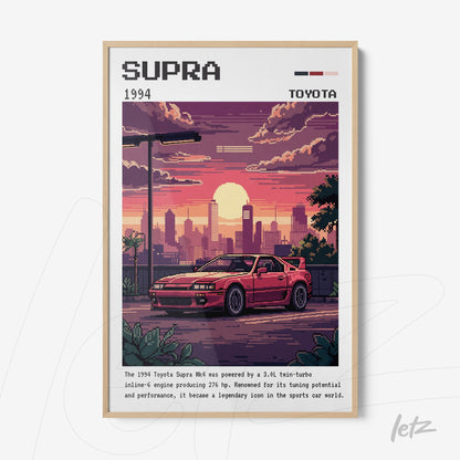 pixel art framed print of a 1994 Toyota Supra sports car with urban sunset background