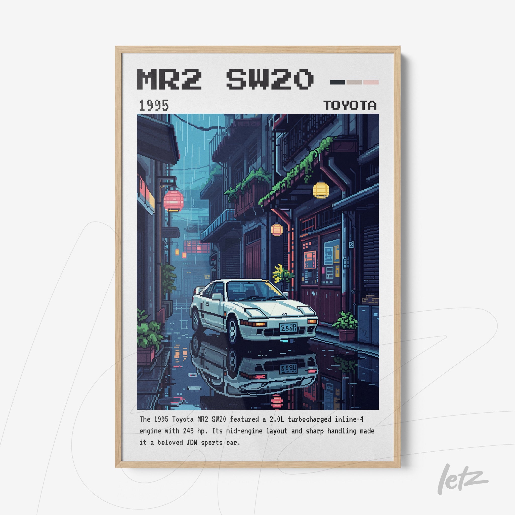 pixel art of a toyota mr2 sw20 car in a rainy japanese street scene displayed in a light frame