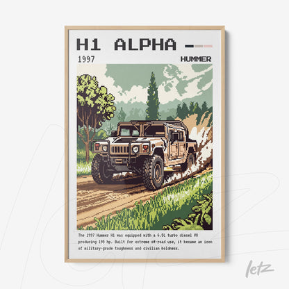 framed retro style digital art of a Hummer H1 on a rural path surrounded by trees