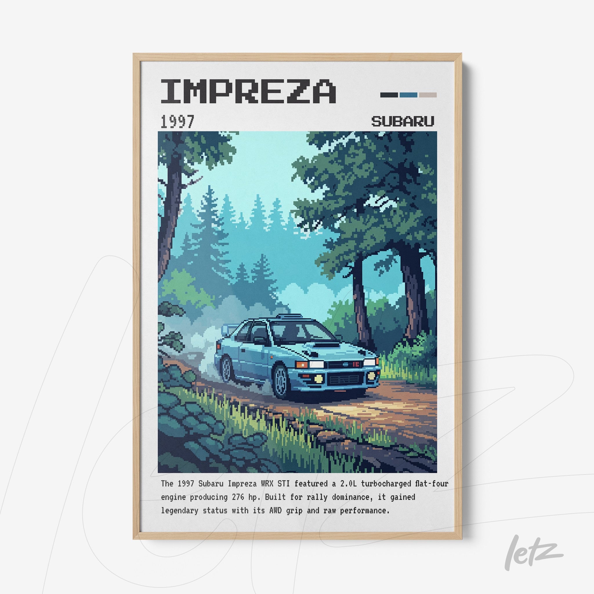 framed pixel art of a Subaru Impreza WRX STI driving through a forest, highlighting the green landscape and the blue car in motion