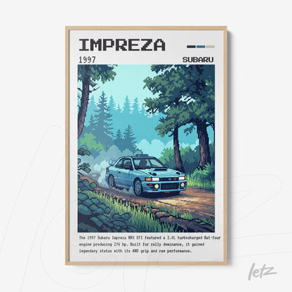 framed pixel art of a Subaru Impreza WRX STI driving through a forest, highlighting the green landscape and the blue car in motion