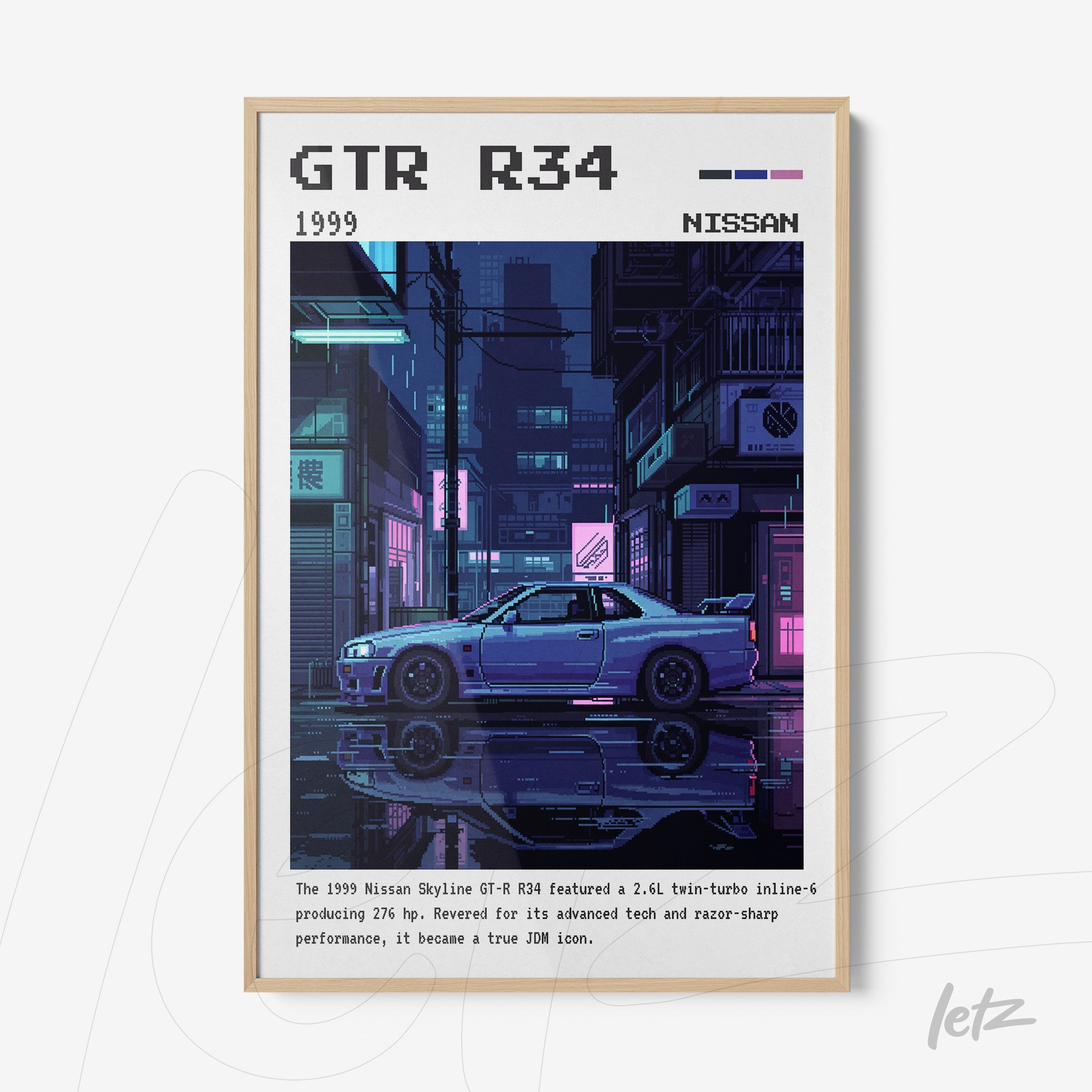 framed pixel art of Nissan GTR R34 in a nighttime urban scene with retro style borders