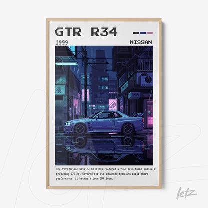 framed pixel art of Nissan GTR R34 in a nighttime urban scene with retro style borders