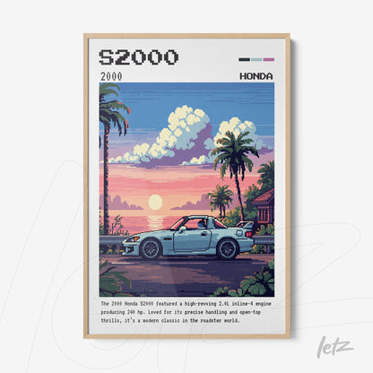framed pixel art of Honda S2000 car against a sunset and palm trees backdrop