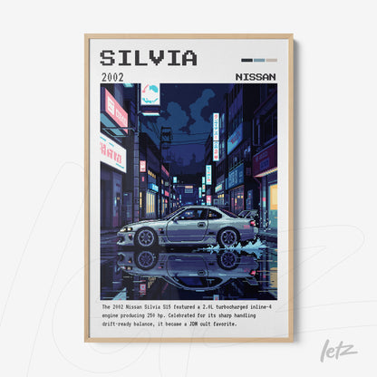 framed digital artwork of Nissan Silvia in a nighttime urban scene featuring neon lights