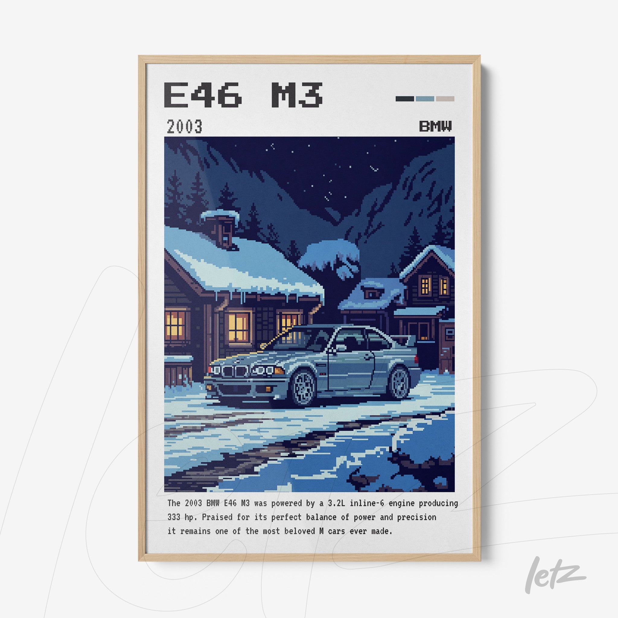 pixel art wall art featuring a BMW E46 M3 in a winter landscape with snowy mountains and cozy houses