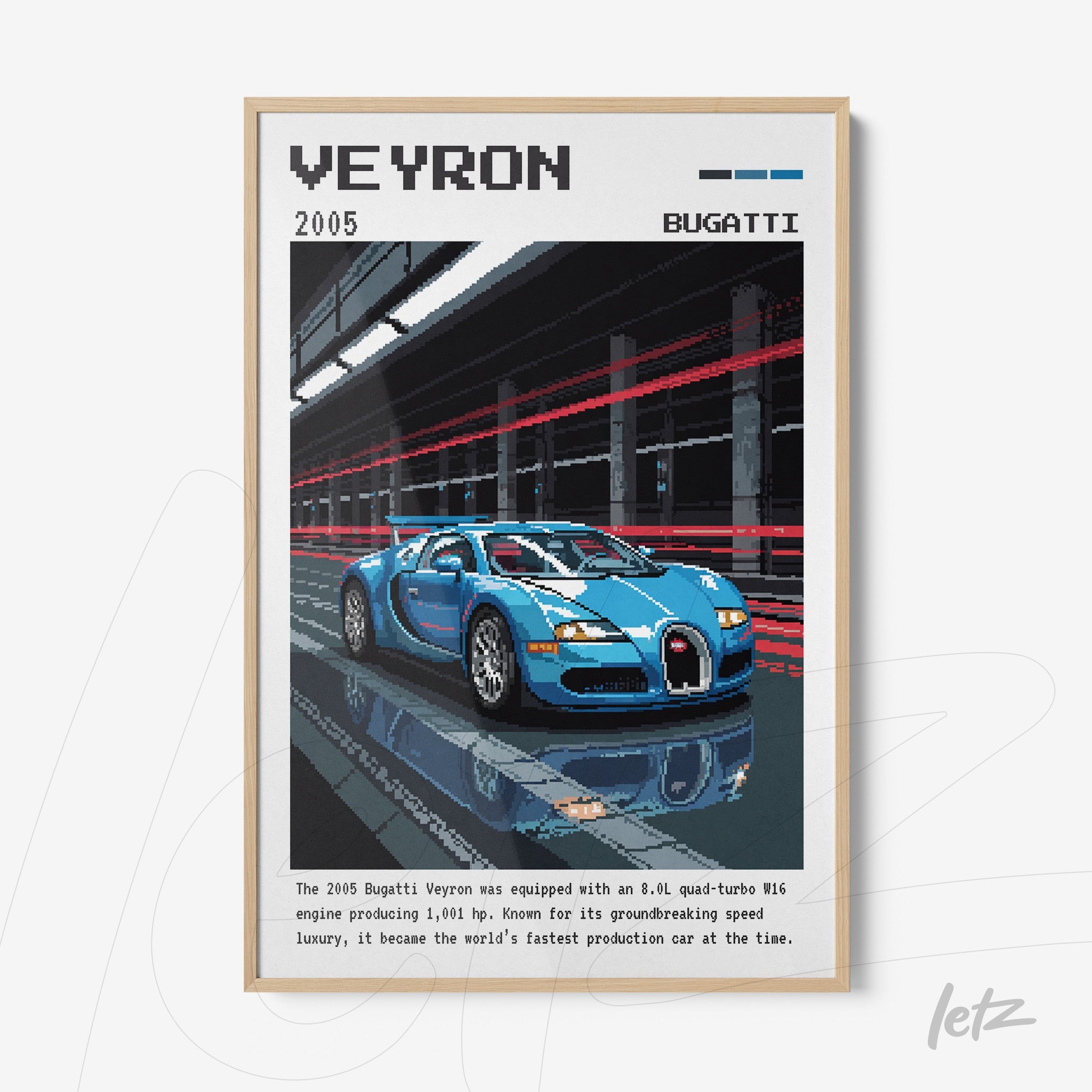 pixel art of Bugatti Veyron in a light frame showcasing red motion streaks