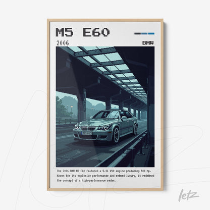 framed digital art of BMW M5 E60 on a highway with blue and green tones