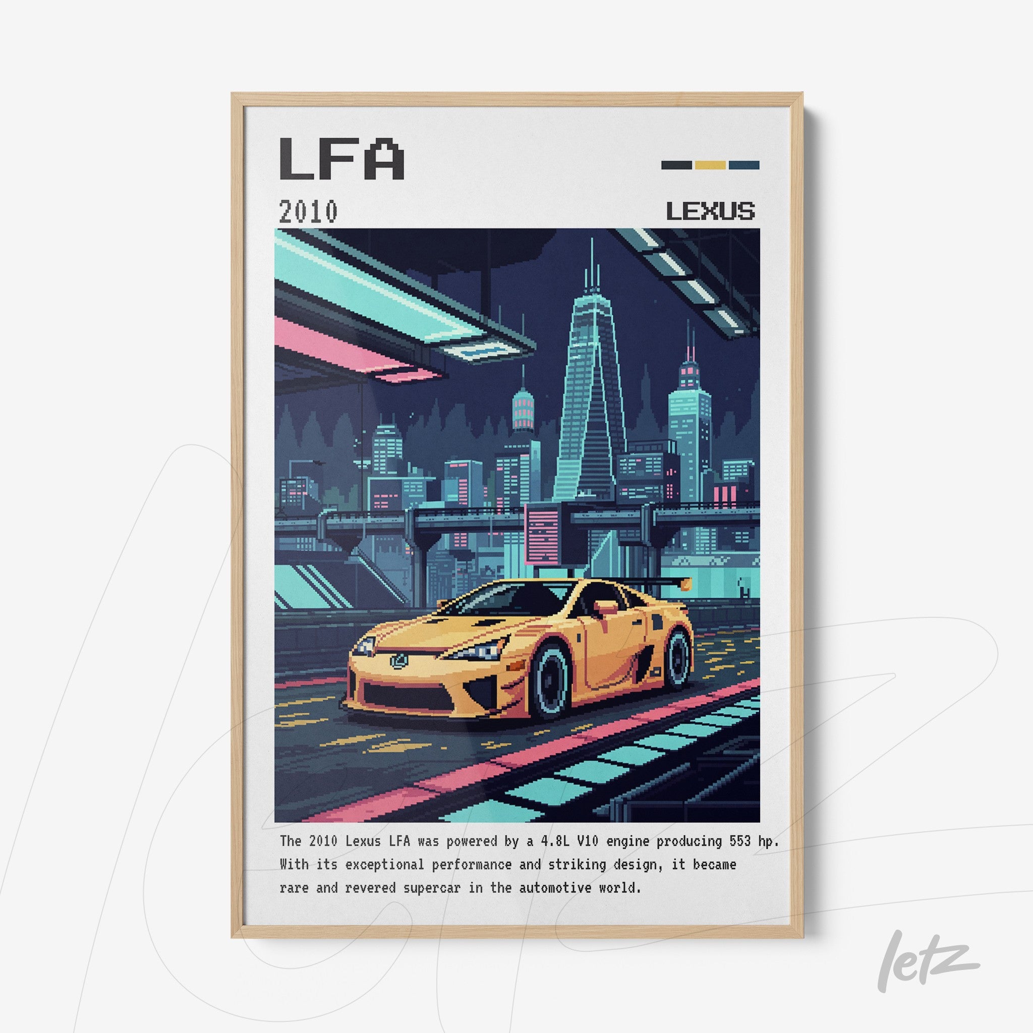 framed digital art of a yellow sports car in a futuristic cityscape with a light wood frame