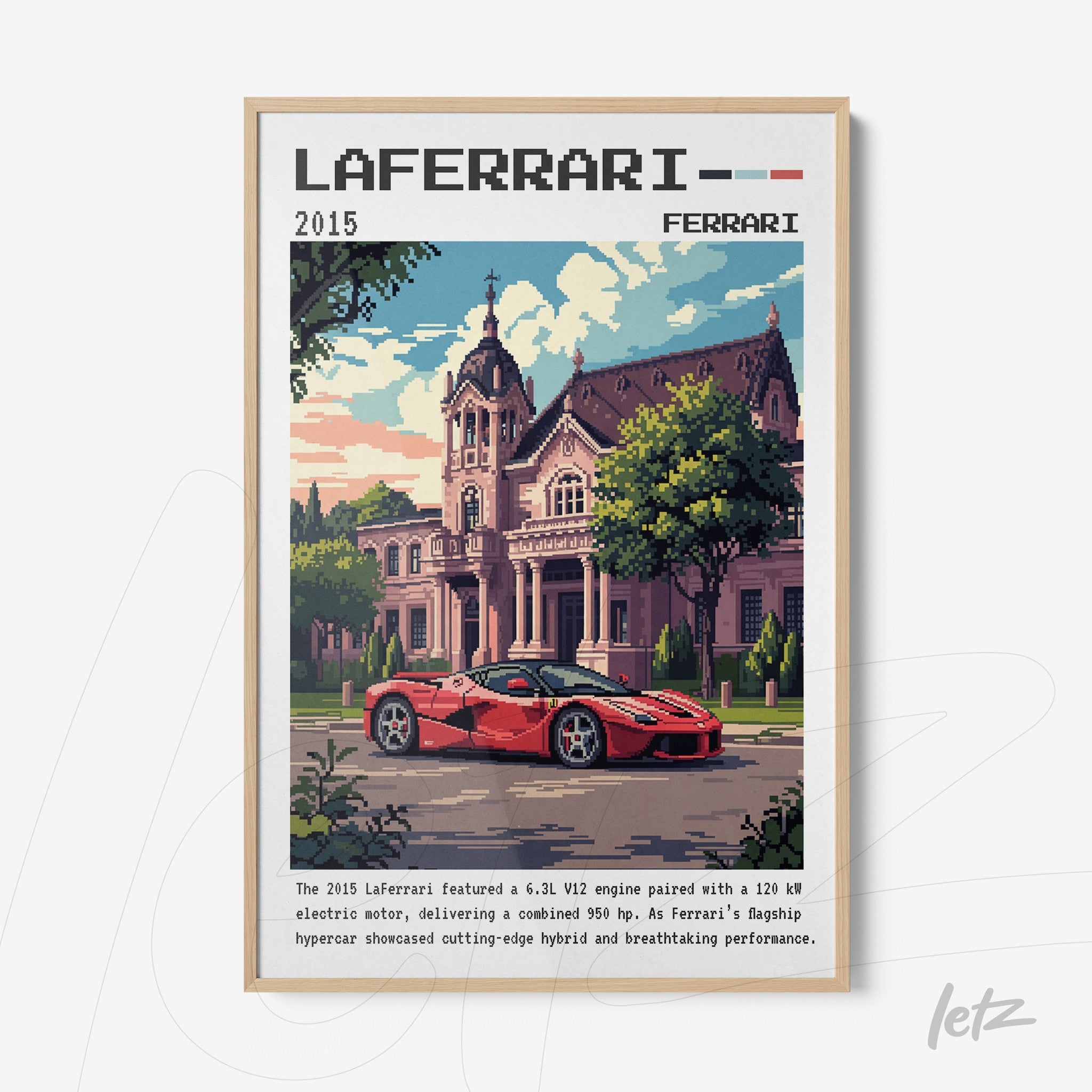 pixel art print of LaFerrari sports car in front of a mansion with light wood frame