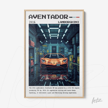 framed digital art depicting the lamborghini aventador in a garage setting, with dark background and soft lighting emphasizing the bright orange vehicle