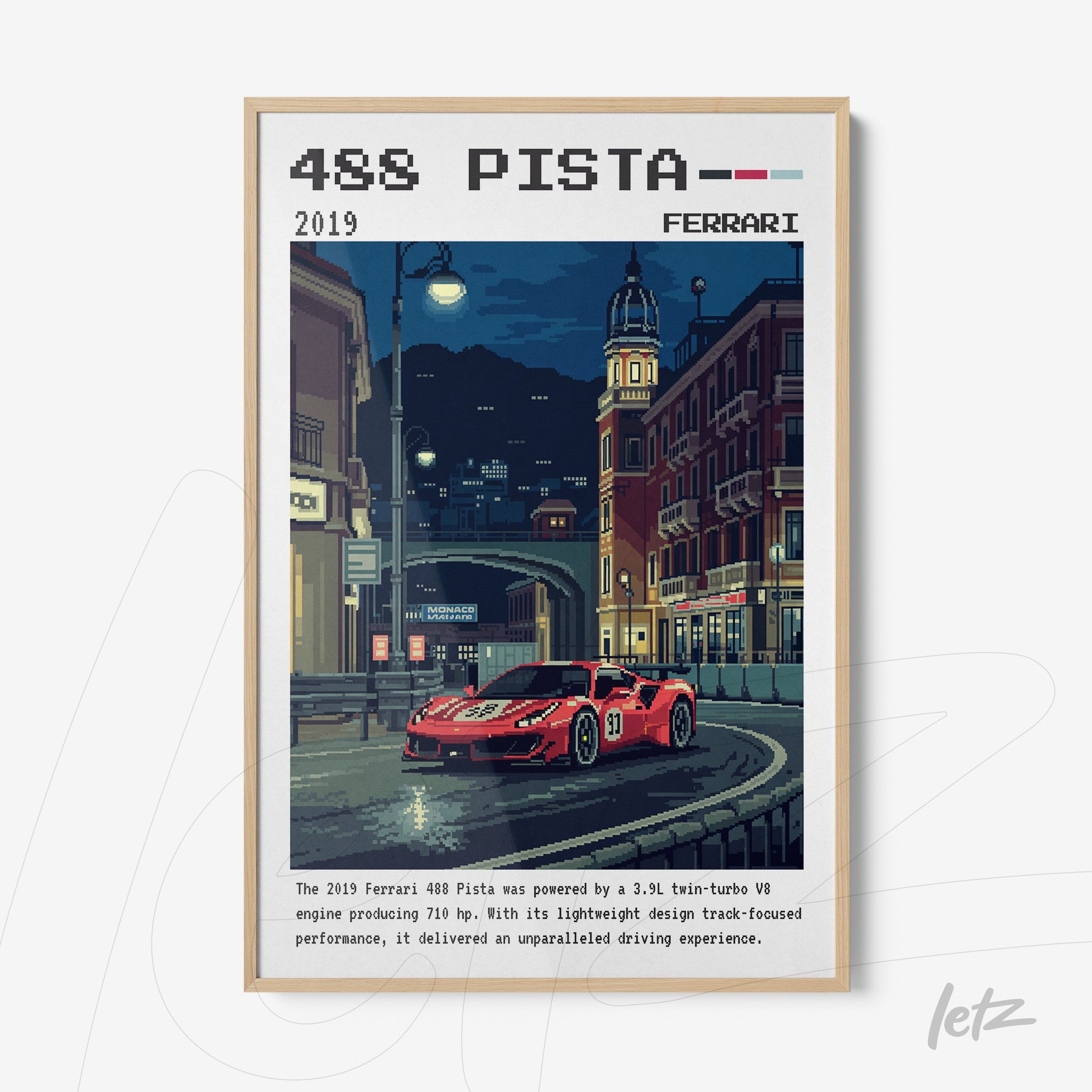 framed digital art of a ferrari 488 pista car in a nighttime city scene with light wood frame