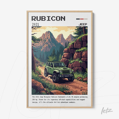 retro style wall art of the 2021 Jeep Rubicon on a dirt road with mountains in the background and light frame