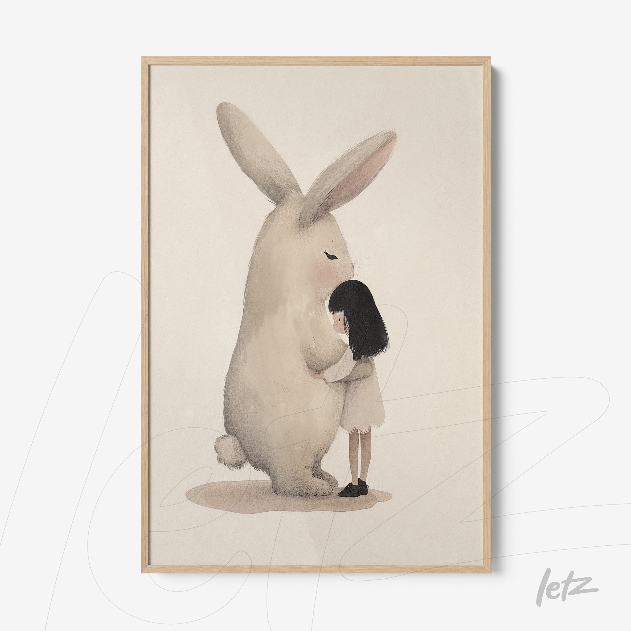 framed artwork featuring a gentle illustration of a girl hugging a giant bunny with a light wood frame
