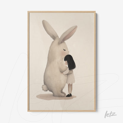 framed artwork featuring a gentle illustration of a girl hugging a giant bunny with a light wood frame